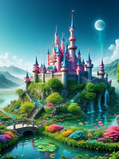 (Dream Castle:1.5), Dreams，Psychedelic，Neon light，In dreams, 让人联想到神秘森林的Dream Castle迷人形象，The colors there sparkle with magical vi...