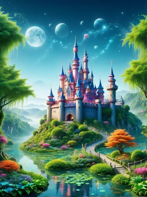 (Dream Castle:1.5), Dreams，Psychedelic，Neon light，In dreams, 让人联想到神秘森林的Dream Castle迷人形象，The colors there sparkle with magical vi...