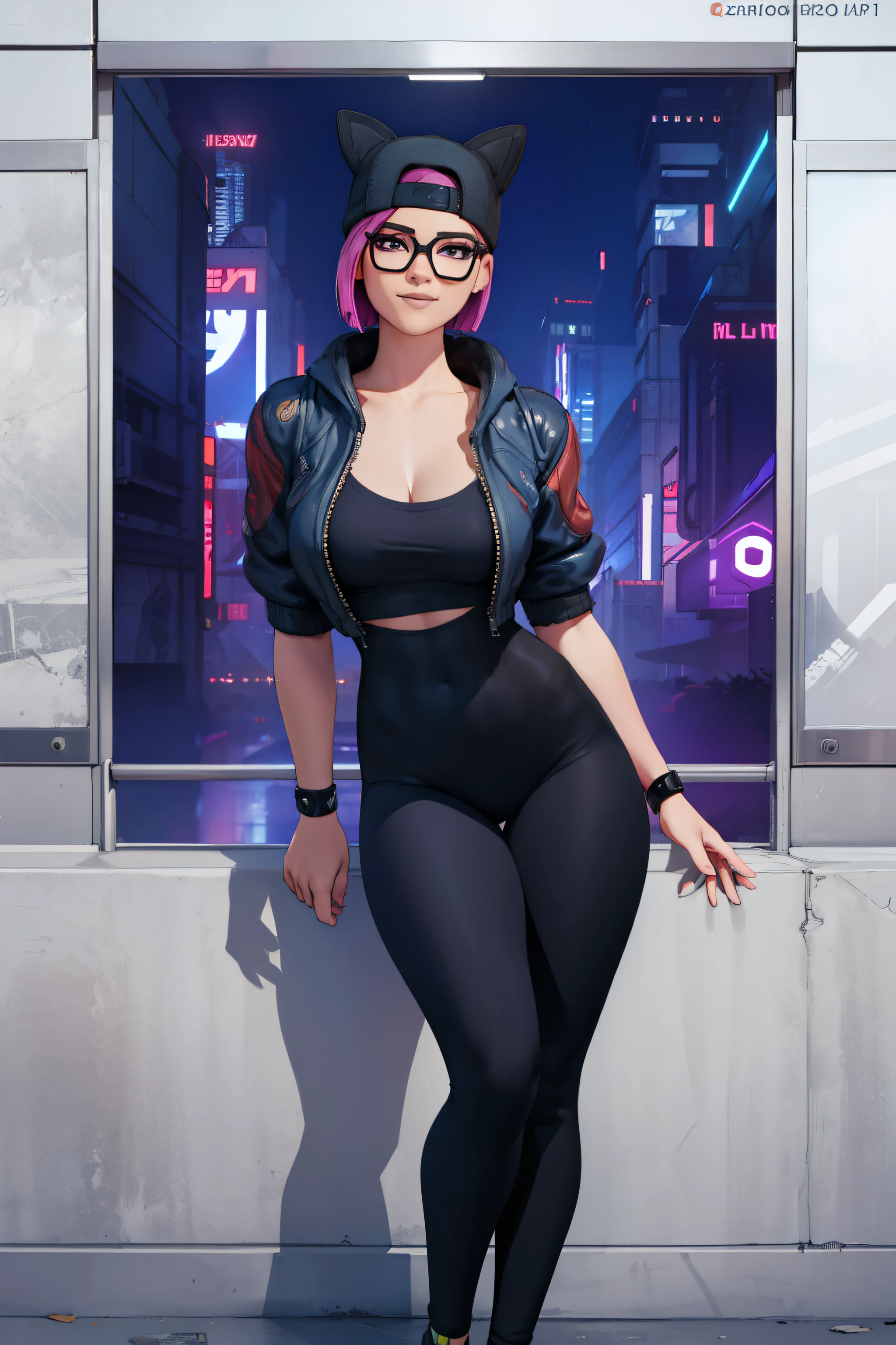 (masterpiece), (best quality), standing, (alone), looking at viewer, highly detailed, extremely detailed, cyberpunk Night, thin eyes, smile, dynamic pose, short pink hair, cap, loose black v-neck t-shirt V, jacket, fingerless glove, curves, glasses,(gray leggings),(portrait:1.2),