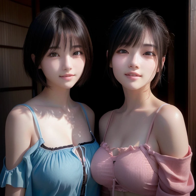 Two women with short hair and pink tops posing for a photo, , 8K Portrait Rendering, Smooth CG art, Gweiz-style artwork, 8k, Soft 3D Rendering, Photorealisticな女の子のレンダリング、8k、RAW Photos、highest quality、Real、Photorealistic、Professional Lighting、mix4、20d、Beautiful Teenage Woman、Japanese、1 female、Big beautiful eyes、Larger breasts、bikini、Daytime beach、smile