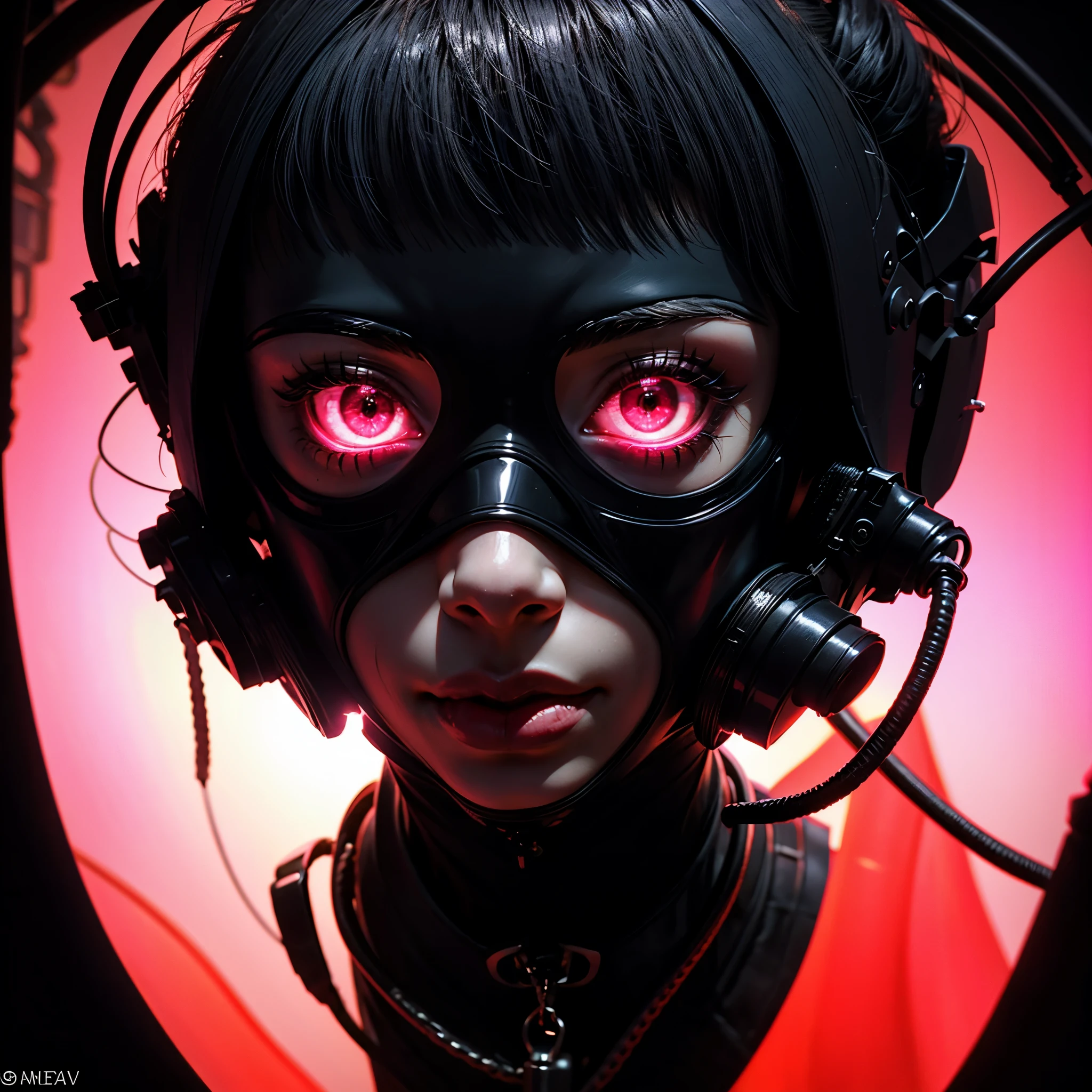 a very beautiful and very thin girl, wears black underwear with tights and latex face mask. Dark room with only red neon lighting. Viele Details, extremely realistic. good quality, 8k