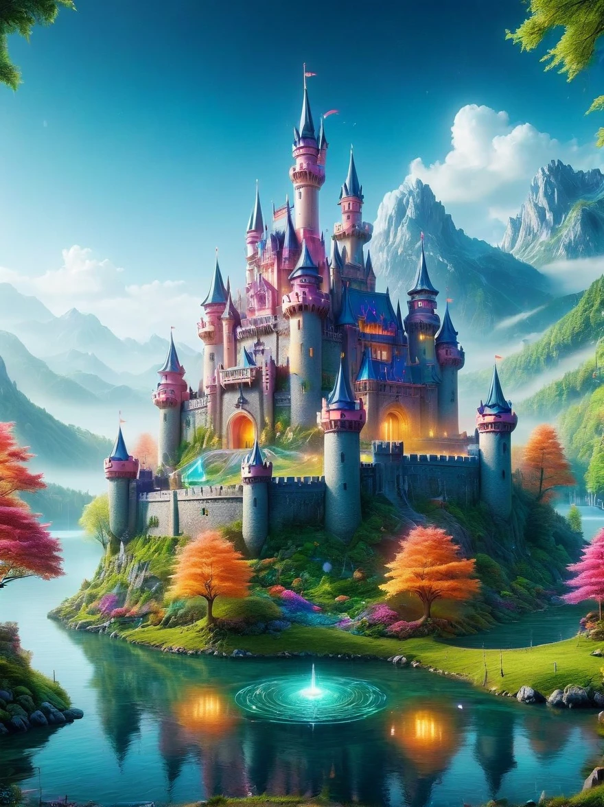 (A mysterious dream castle:1.5), Dreams，Psychedelic，Neon light，In dreams，A hidden lake，Bright colors，A Glowing Feast，Add a unique character emitting the ethereal aura of a fantasy creature by the water。Wide angle lenake it panoramic，Showcasing stunning castle woodland scenery，This magical scene is full of the essence of the fantasy world。