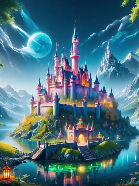 (A mysterious dream castle:1.5), Dreams，Psychedelic，Neon light，In dreams，A hidden lake，Bright colors，A Glowing Feast，Add a uniqu...