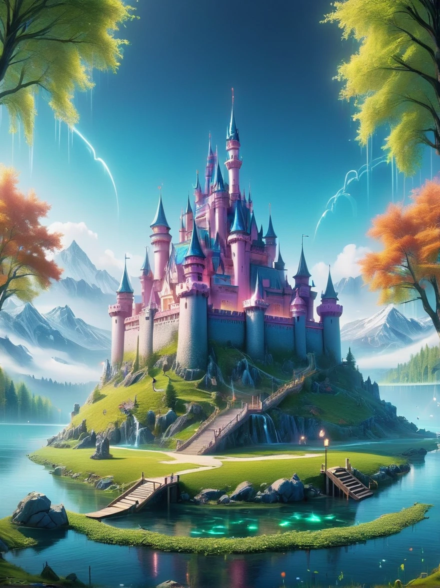 (神秘的な夢の城:1.5), 夢，サイケデリック，ネオンライト，夢の中で，隠れた湖，明るい色，輝く饗宴，水辺の幻想的な生き物の神秘的なオーラを放つユニークなキャラクターを追加します。広角レナケイットパノラマ，見事な城の森の風景を披露，この魔法のようなシーンはファンタジーの世界のエッセンスに満ちています。