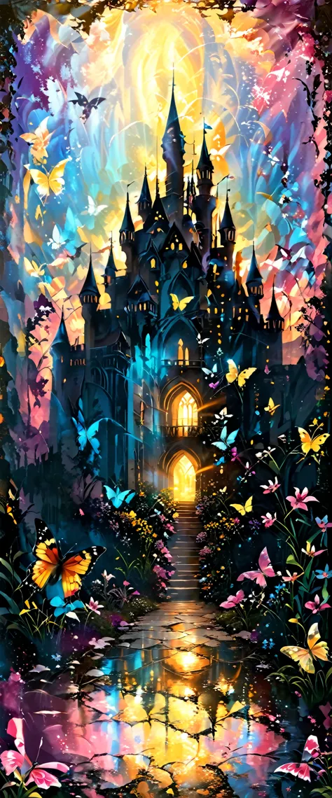 a very beautiful castle/(full body/),colorful butterflies,many flowers and petals,colorful,pastel color, BREAK ,quality\(8k,wall...
