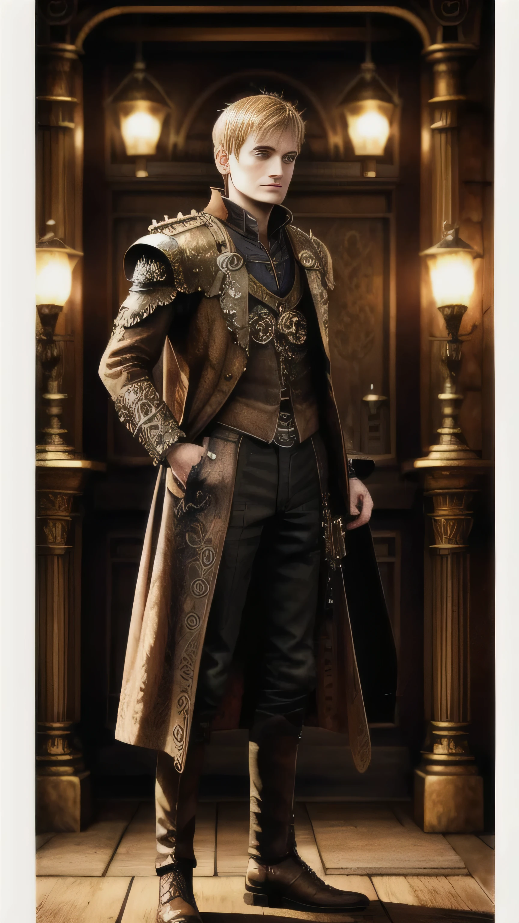 steampunkai, Jack Gleeson as Joffrey Baratheon, adult, yellow steampunk tailcoat, steampunk shoes, standing, in a steampunk throne hall, (1man), (solo), (full body view), beautiful detailed glow, detailed, cinematic light, intricate detail, realistic, highres, detailed facial features, high detail, sharp focus, smooth, aesthetic, extremely detailed, stamp, octane render