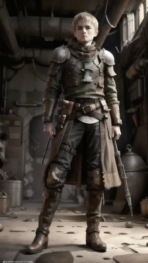 dieselpunkai, jack gleeson as joffrey baratheon, adult, yellow dieselpunk armor, dieselpunk boots, standing, in a dieselpunk des...