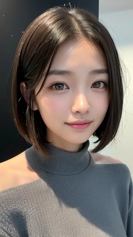 (((Close-up of face)))、(((Absolutely shoulder-length brown straight short bob)))、(((She is posing like a hair salon model, with ...