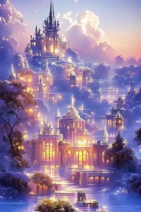 A heavenly dream castle, surrounded by clouds and a halo of light, a tremendously beautiful, majestic, dazzling sight,Cloud World, angels flying around, majestic gates and pillars, the sun and moon and stars, in heaven, 
masterpiece, best quality, ultra-de...
