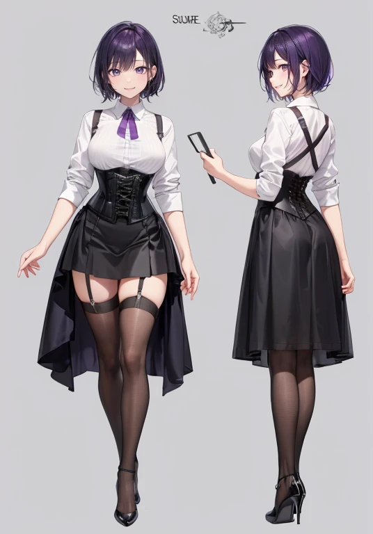 Purple hair,short cut hair,Adult female,Bartender,((Body harness)),((Rolling up your sleeves shirt)),(Corset),(Tight skirt),Garter belt,High heels,((Simple background)),Smile,((Full body)),((whole body)),Character Sheet,