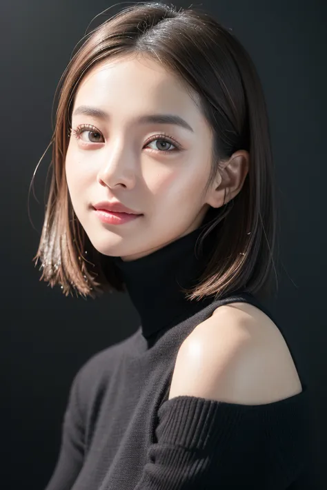 (((Close-up of face)))、(((Absolutely shoulder-length brown straight short bob)))、(((She is posing like a hair salon model, with ...