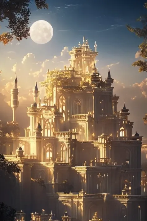A heavenly dream castle, surrounded by clouds and a halo of light, a tremendously beautiful, majestic, dazzling sight,Cloud World, angels flying around, majestic gates and pillars, the sun and moon and stars, in heaven, 
masterpiece, best quality, ultra-de...
