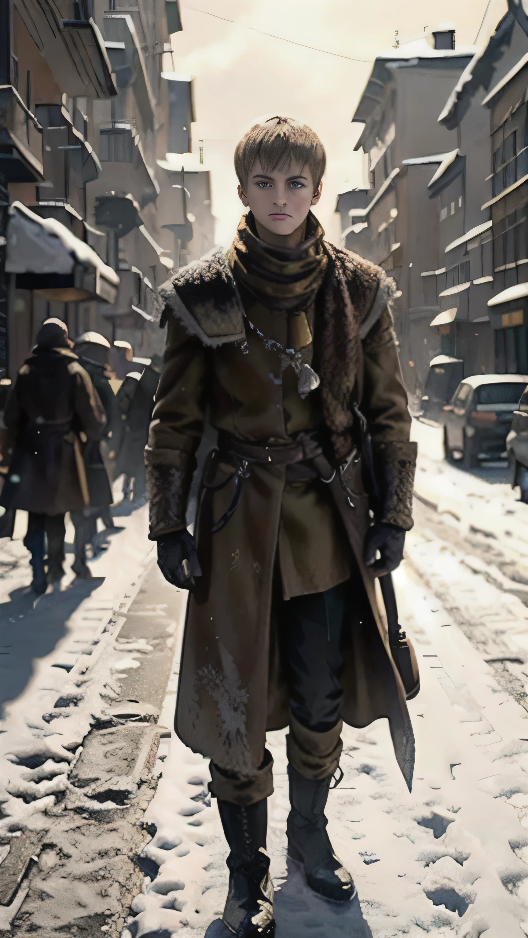 frostpunk, Jack Gleeson as Joffrey Baratheon, adult, yellow coat, boots, standing, in a street, winter, snow, (1man), (solo), (full body view), beautiful detailed glow, detailed, cinematic light, intricate detail, realistic, highres, detailed facial features, high detail, sharp focus, smooth, aesthetic, extremely detailed, stamp, octane render