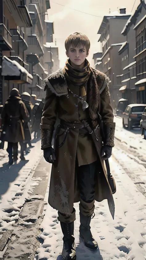 frostpunk, jack gleeson as joffrey baratheon, adult, yellow coat, boots, standing, in a street, winter, snow, (1man), (solo), (f...