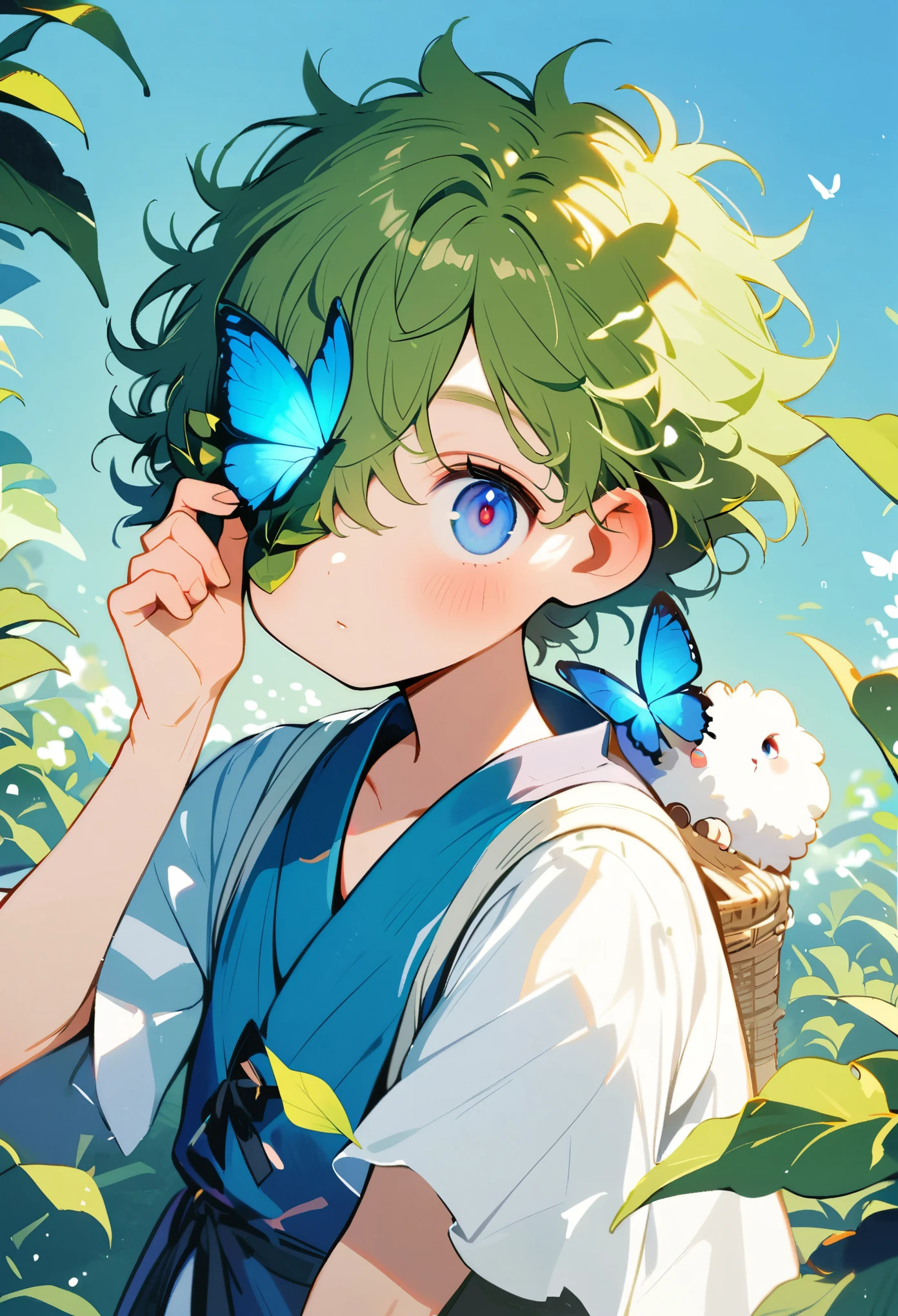 1 Boy，Short fluffy hair，blue eyes，Covering one eye with leaves，Butterfly landed on the eye