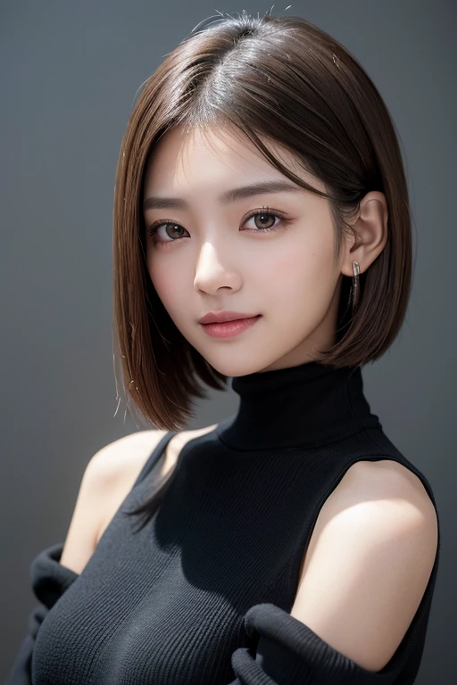 (((Close-up of face)))、(((Absolutely shoulder-length brown straight short bob)))、(((She is posing like a hair salon model, with a black wall indoors as the background.)))、(((Casual black winter long sleeves with shoulders covered)))、Half Japanese, half Korean、18 year old girl、Standing Alone、Looking forward、Light eye makeup、Brown Hair Color、Flat and 、Hair blowing in the wind、Actress Quality、Glossy, ultra-realistic face、Smiling face、Watery eyes、Gazing Up、Subtle lighting effects、 Ultra-Realistic Capture、Very detailed、High resolution 16K close up of human skin。Skin texture must be natural、The details must be such that pores can be clearly seen、The skin is healthy、Uniform tone、Use natural light and colors、A worn-out, high-quality photo taken by a model agency&#39;s in-house photographer.、smile、(((SIGMA 300 mm F/1.4,1/1000 sec shutter,ISO 400))) 