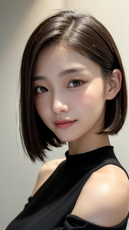 (((Close-up of face)))、(((Absolutely shoulder-length brown straight short bob)))、(((She is posing like a hair salon model, with a black wall indoors as the background.)))、(((Casual black winter long sleeves with shoulders covered)))、Half Japanese, half Korean、18 year old girl、Standing Alone、Looking forward、Light eye makeup、Brown Hair Color、Flat and 、Hair blowing in the wind、Actress Quality、Glossy, ultra-realistic face、Smiling face、Watery eyes、Gazing Up、Subtle lighting effects、 Ultra-Realistic Capture、Very detailed、High resolution 16K close up of human skin。Skin texture must be natural、The details must be such that pores can be clearly seen、The skin is healthy、Uniform tone、Use natural light and colors、A worn-out, high-quality photo taken by a model agency&#39;s in-house photographer.、smile、(((SIGMA 300 mm F/1.4,1/1000 sec shutter,ISO 400))) 