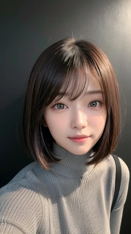 (((Close-up of face)))、(((Absolutely shoulder-length brown straight short bob)))、(((She is posing like a hair salon model, with ...