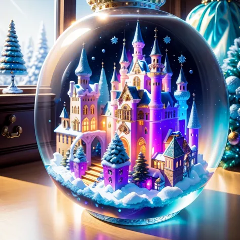 (La best quality,high resolution,Ultra Detailed,Practical)，Jelly Castle，snow，in the room，Christmas decoration，surrounded by chri...