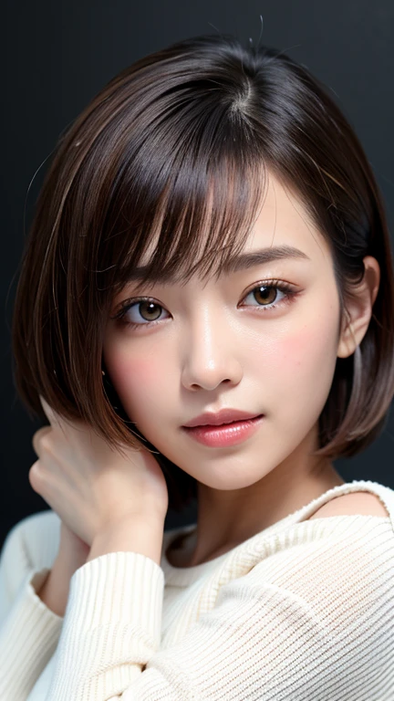 (((Close-up of face)))、(((Absolutely shoulder-length brown straight short bob)))、(((She is posing like a hair salon model, with a black wall indoors as the background.)))、(((Casual black winter long sleeves with shoulders covered)))、Half Japanese, half Korean、18 year old girl、Standing Alone、Looking forward、Light eye makeup、Brown Hair Color、Flat and 、Hair blowing in the wind、Actress Quality、Glossy, ultra-realistic face、Smiling face、Watery eyes、Gazing Up、Subtle lighting effects、 Ultra-Realistic Capture、Very detailed、High resolution 16K close up of human skin。Skin texture must be natural、The details must be such that pores can be clearly seen、The skin is healthy、Uniform tone、Use natural light and colors、A worn-out, high-quality photo taken by a model agency&#39;s in-house photographer.、smile、(((SIGMA 300 mm F/1.4,1/1000 sec shutter,ISO 400))) 