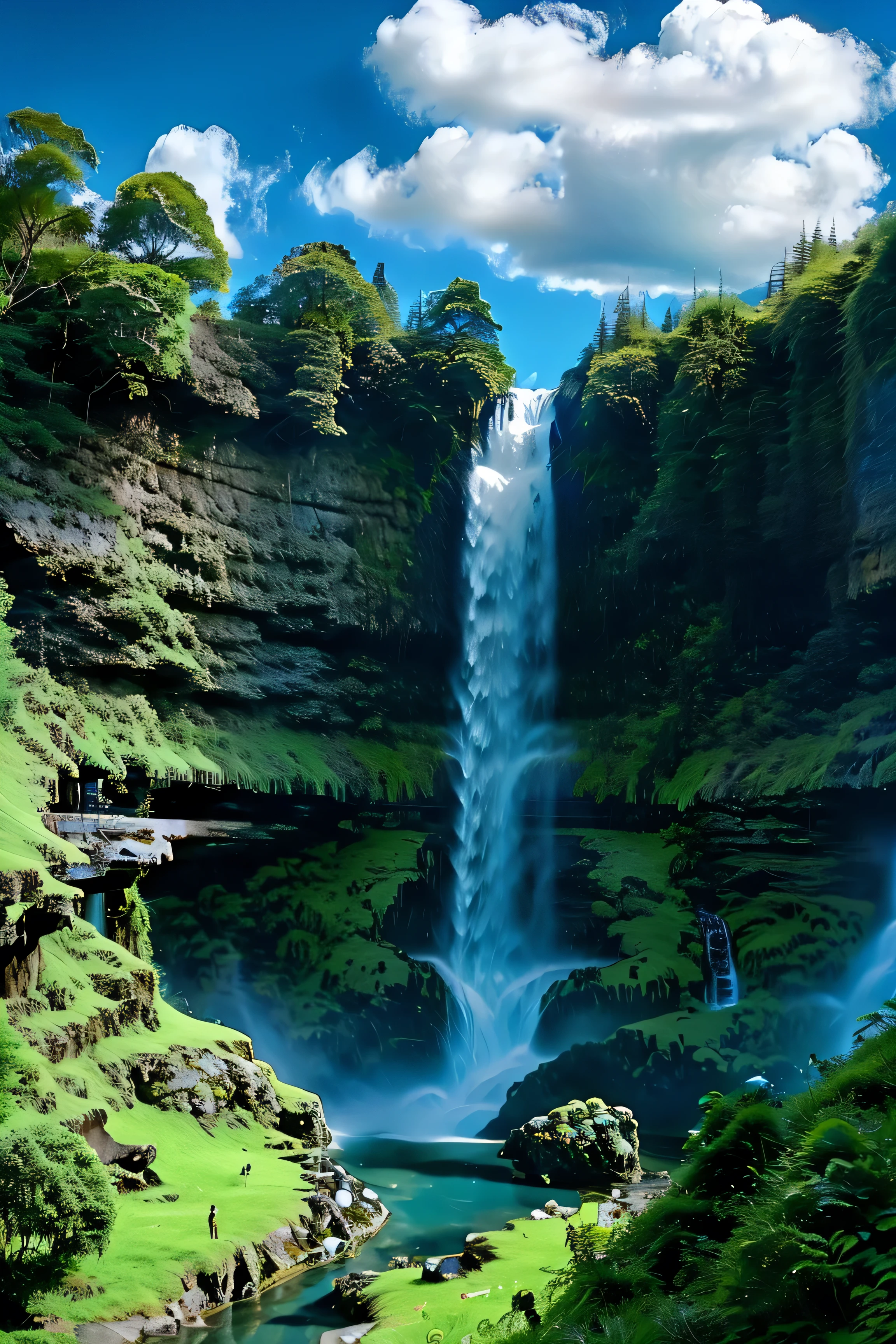 Ein Wasserfall mit reichlich Wasser，grünes Wasser, Grüner Berg々, blauer Himmel und weiße Wolken