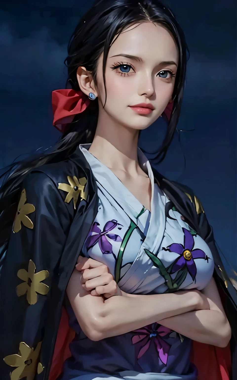 Ein Mädchen, Nico Robin aus dem Anime One Piece, lange Haare , schwarzes Haar, blaue Augen, Schön, lila Kleidung, lächeln, große Brüste, realistisch clothes, Kleidungsdetails, städtischer Hintergrund, Super detailliert, realistisch