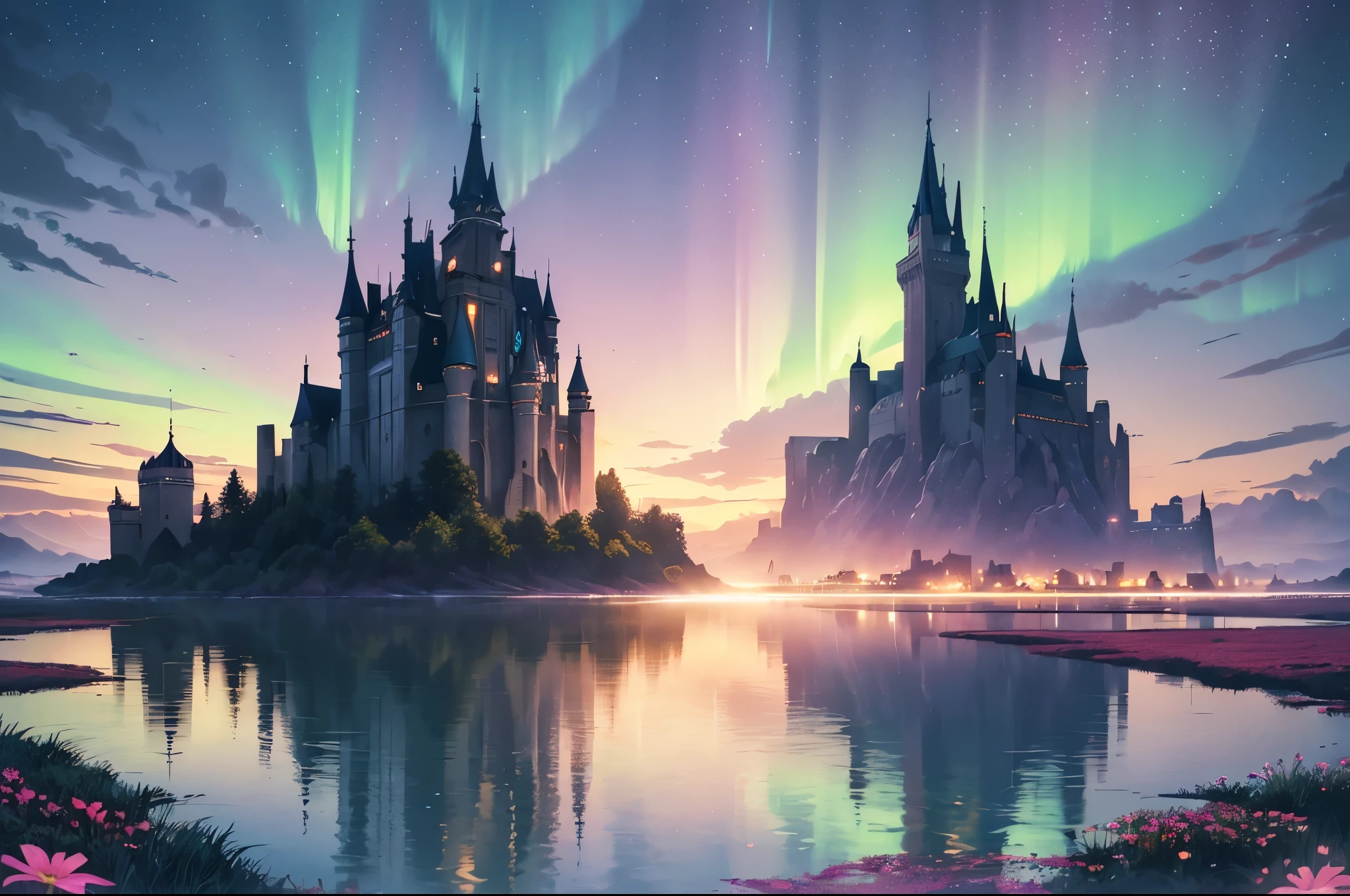 A gigantic floating castle, surreal and dreamlike, covered with clouds, (best quality, highres, vivid colors), (surrealism, fantasy) with (ethereal, magical) atmosphere. The castle is magnificently detailed, shining in different colors under the (soft, gentle) rays of the sun. It has (tall, towering) towers and (elaborate, intricate) architecture, giving it a majestic and grand appearance. The clouds surround the castle, making it appear as if it is (part of the sky, a celestial realm). 
The Northern lights (dancing, shimmering) in the sky, casting vibrant hues of greens and purples, adding an(otherworldly, enchanting) beauty to the scene. On the other side, the bright Southern lights illuminates the clouds with stunning shades of pinks and oranges, creating a stunning contrast to the coolness of the Northern lights.
In the foreground, there is a (peaceful, serene) landscape with (lush, vibrant) green meadows, (colorful, blooming) wildflowers, and (gentle, flowing) streams. The landscape reflects the surreal and ethereal ambiance of the sky above.
The overall (lighting, illumination) of the scene is (soft, diffused), with a warm glow that enhances the dreamlike nature of the castle and its surroundings. It creates a sense of tranquility and a feeling of being in a magical realm, Galaxy sky, starry sky 