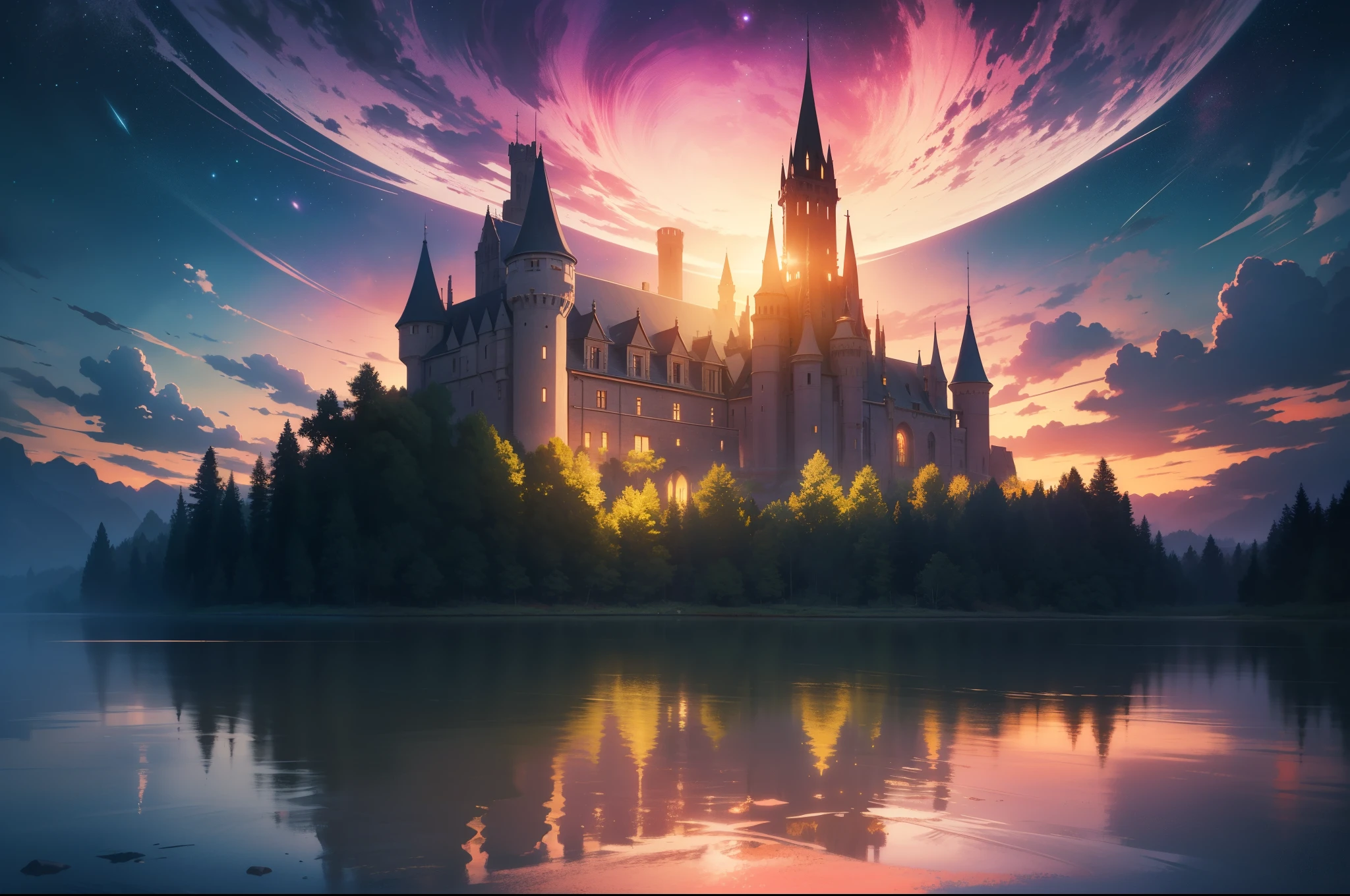 A gigantic floating castle, surreal and dreamlike, covered with clouds, (best quality, highres, vivid colors), (surrealism, fantasy) with (ethereal, magical) atmosphere. The castle is magnificently detailed, shining in different colors under the (soft, gentle) rays of the sun. It has (tall, towering) towers and (elaborate, intricate) architecture, giving it a majestic and grand appearance. The clouds surround the castle, making it appear as if it is (part of the sky, a celestial realm). 
The Northern lights (dancing, shimmering) in the sky, casting vibrant hues of greens and purples, adding an(otherworldly, enchanting) beauty to the scene. On the other side, the bright Southern lights illuminates the clouds with stunning shades of pinks and oranges, creating a stunning contrast to the coolness of the Northern lights.
In the foreground, there is a (peaceful, serene) landscape with (lush, vibrant) green meadows, (colorful, blooming) wildflowers, and (gentle, flowing) streams. The landscape reflects the surreal and ethereal ambiance of the sky above.
The overall (lighting, illumination) of the scene is (soft, diffused), with a warm glow that enhances the dreamlike nature of the castle and its surroundings. It creates a sense of tranquility and a feeling of being in a magical realm, Galaxy sky, starry sky 