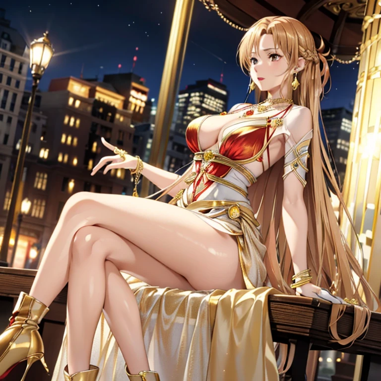 ((highest quality)), ((masterpiece)), (detailed), Perfect Face、Yuuki Asuna、Brown Hair、A woman is talking to a white man in the city at night、（The woman is wearing a luxurious, shiny, gold, see-through dress with a long slit.）、（The white guy is blonde and has a strong body.）、Gorgeous embroidery、Luxurious golden see-through cape、Earrings、necklace、Bracelet、Gorgeous jewelry accessories、The woman wears flashy and luxurious clothes.、Silk gloves、Red lipstick and heavy makeup、Jeweled waist chain、shiny golden boots、Branded bags