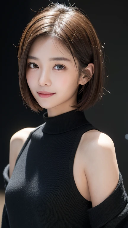 (((Close-up of face)))、(((Absolutely shoulder-length brown straight short bob)))、(((She is posing like a hair salon model, with a black wall indoors as the background.)))、(((Casual black winter long sleeves with shoulders covered)))、Half Japanese, half Korean、18 year old girl、Standing Alone、Looking forward、Light eye makeup、Brown Hair Color、Flat and 、Hair blowing in the wind、Actress Quality、Glossy, ultra-realistic face、Smiling face、Watery eyes、Gazing Up、Subtle lighting effects、 Ultra-Realistic Capture、Very detailed、High resolution 16K close up of human skin。Skin texture must be natural、The details must be such that pores can be clearly seen、The skin is healthy、Uniform tone、Use natural light and colors、A worn-out, high-quality photo taken by a model agency&#39;s in-house photographer.、smile、(((SIGMA 300 mm F/1.4,1/1000 sec shutter,ISO 400))) 