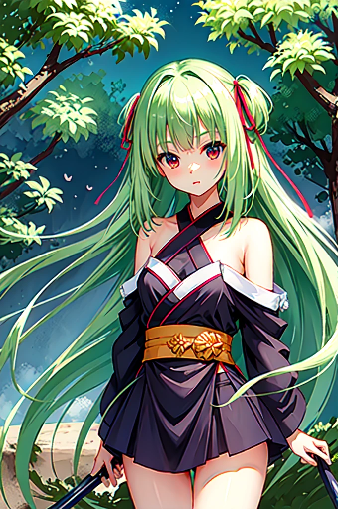 1 girl, Light green hair, Red eyes, flat chest, Two sides up, Long hair, Red belt,  Black detachable sleeves, Rope straps, Butterfly Hair Accessories, thigh, Bare legs, 
(best quality, masterpiece, original photo,Ultra Detailed:1.2),1 girl,solitary,Looking at the audience,, Under the cherry trees, Japanese Sword，Ten Thousand Swords God，God Sword Song，A touch of white highlights
