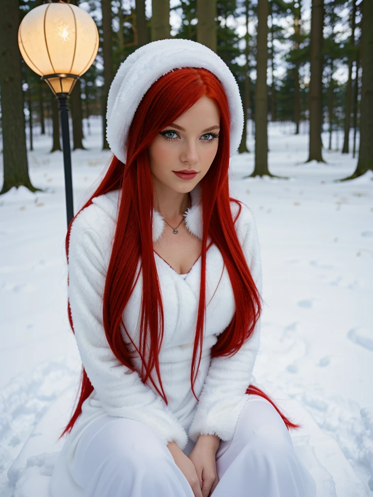 here is a woman 赤毛の and a white dress sitting 雪の中, とても長い雪色の髪, 氷の玉を投げる魔術師, 雪の中で, 提灯の下の少女, 雪の中, 背景には雪だけ, 赤毛の女神, 赤毛の, アン・ストークスに触発されて, 真っ白な肌, 編集写真, 吹雪の中の完璧な照明