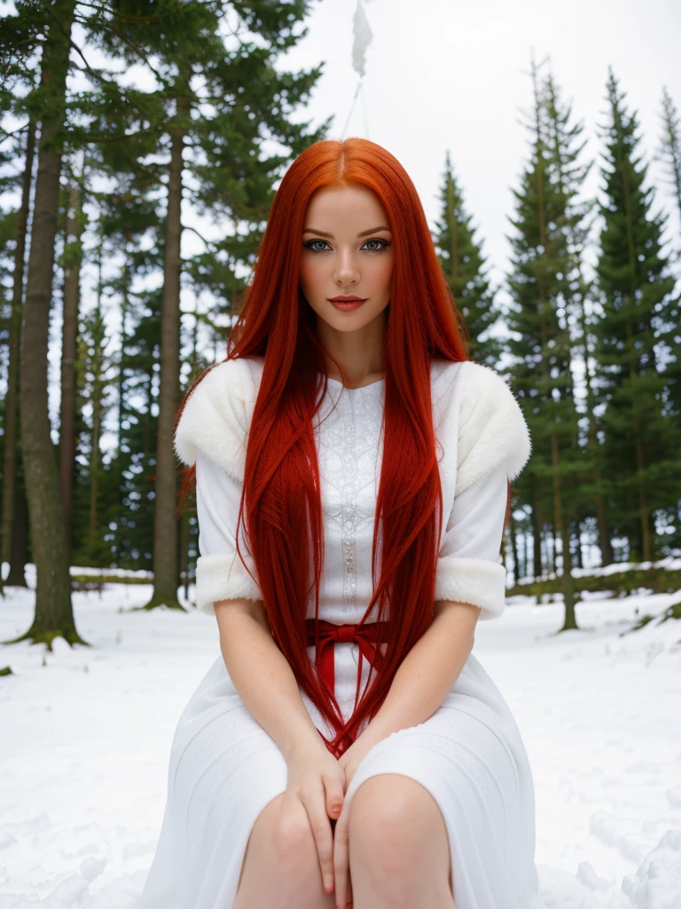 here is a woman 赤毛の and a white dress sitting 雪の中, とても長い雪色の髪, 氷の玉を投げる魔術師, 雪の中で, 提灯の下の少女, 雪の中, 背景には雪だけ, 赤毛の女神, 赤毛の, アン・ストークスに触発されて, 真っ白な肌, 編集写真, 吹雪の中の完璧な照明