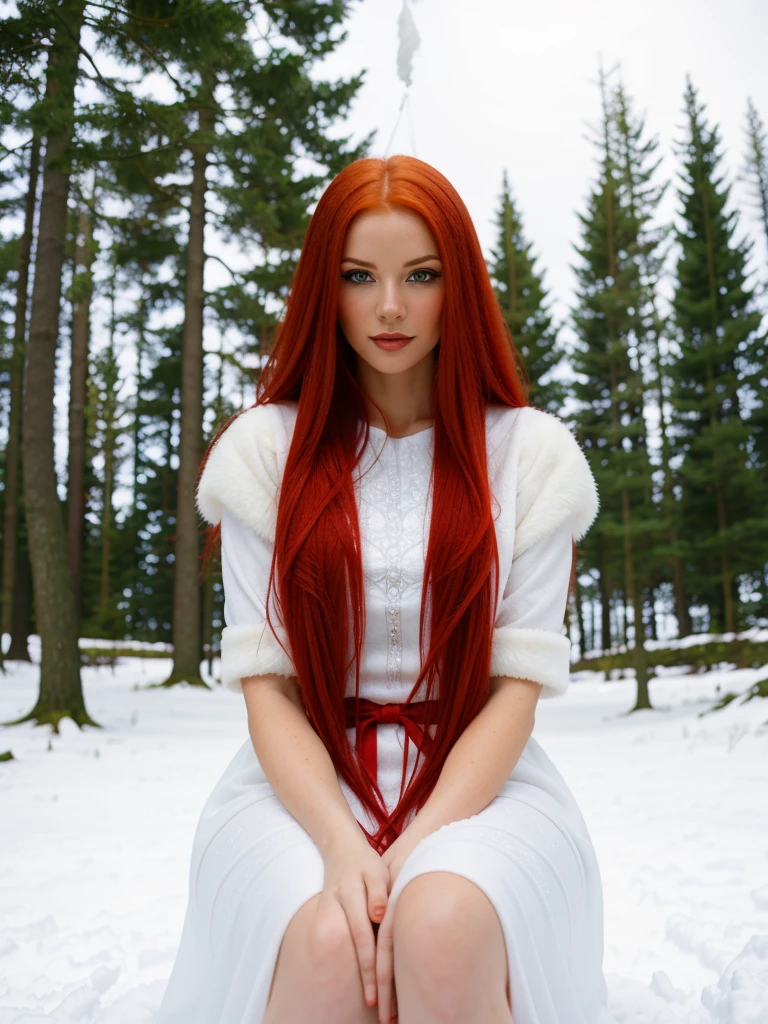 here is a woman com cabelo ruivo and a white dress sitting na neve, cabelo muito comprido cor de neve, uma feiticeira lançando uma bola de gelo, na neve, garota sob lanterna, na neve, só neve no fundo, deusa ruiva, com cabelo ruivo, inspirado em Anne Stokes, pele pálida e branca como a neve, fotografia editorial, iluminação perfeita em uma tempestade de neve