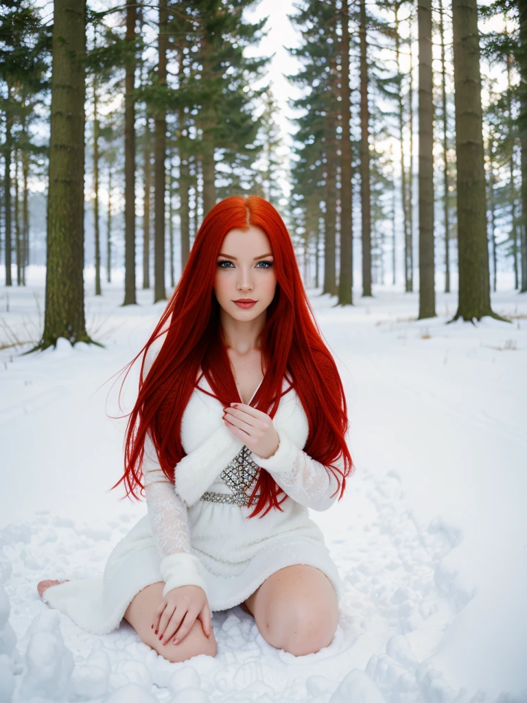 here is a woman with red hair and a white dress sitting in the snow, very long snow colored hair, a sorceress casting a ice ball, in snow, girl under lantern, in the snow, only snow i the background, red haired goddess, with red hair, inspired by Anne Stokes, pale snow white skin, editorial photograph, perfect lighting in a snow storm