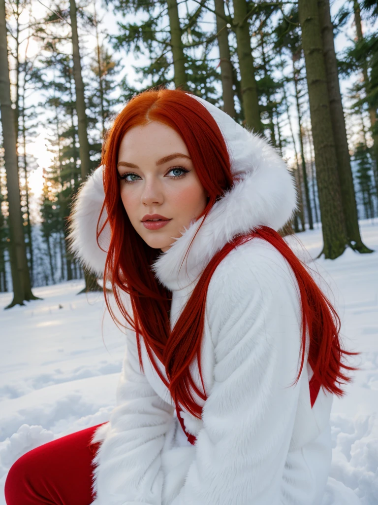 here is a woman aux cheveux roux and a white dress sitting Dans la neige, cheveux très longs couleur neige, une sorcière jetant une boule de glace, dans la neige, fille sous la lanterne, Dans la neige, seulement de la neige en arrière-plan, déesse aux cheveux roux, aux cheveux roux, inspiré par Anne Stokes, peau blanche comme neige, photographie éditoriale, éclairage parfait dans une tempête de neige