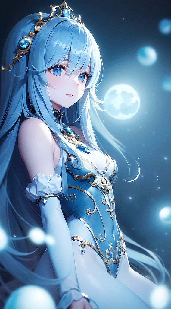 (masterpiece:1.2),((highest quality)),(One woman:1.3),Beautiful detailed eyes,(Blue Moonlight:1.3),(Cinematic lighting),sit,Bokeh,(Many magical balls of light glowing blue),Mysterious woman,Light blue long hair,Magical atmosphere,Soft Light,(Slim body),A field of small blue flowers,whole body