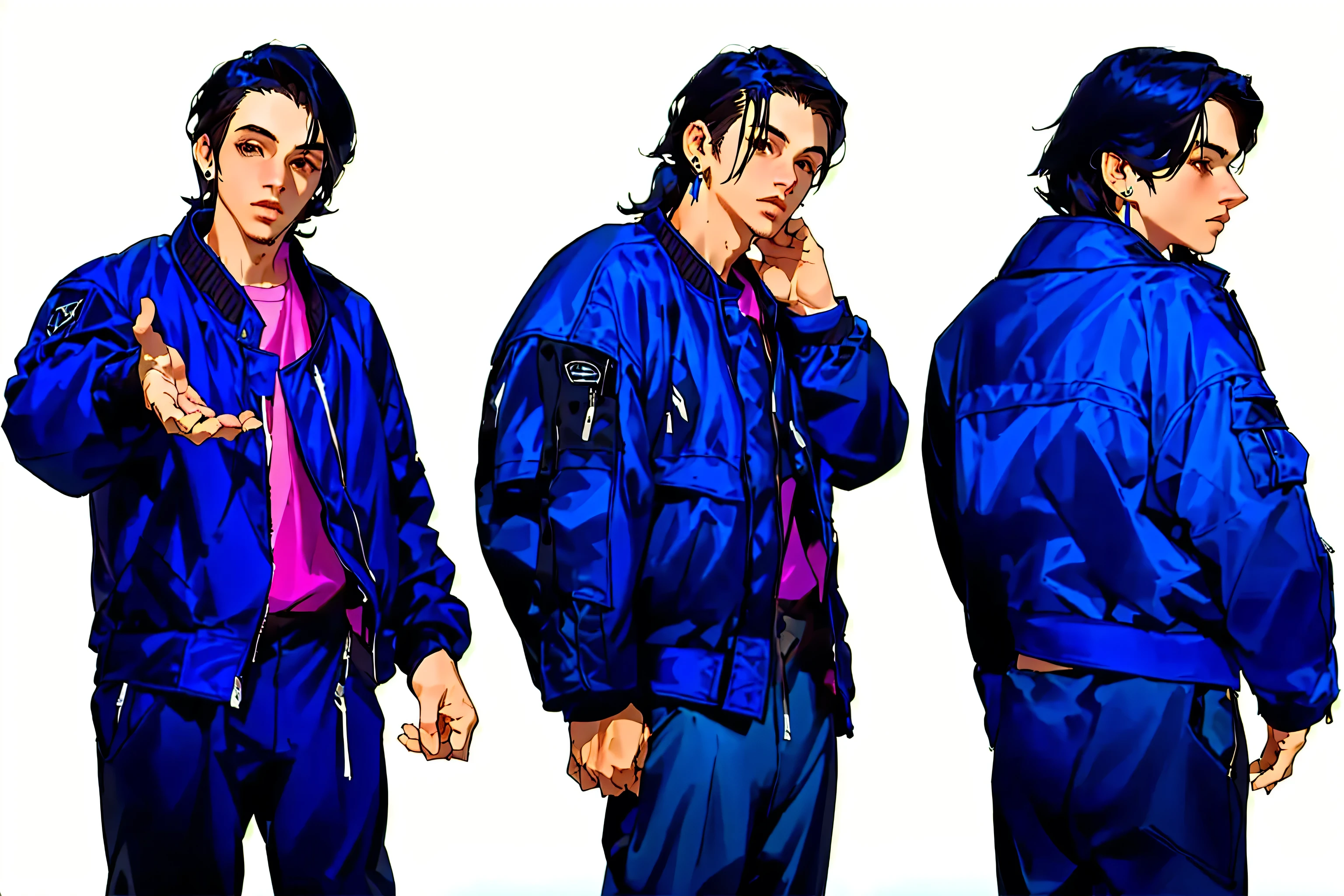 reference sheet, matching outfits, (character design, front angle, side angle, rear angle) qaiwachgan face, beautiful final fantasy male, man in a purple black jacket, wearing a bomber jacket, wearing an aviator jacket, Brown pants, full body close-up shot, wearing ripped flight suit, close up half body shot, egocentric boy pose, main character, handsome, black hair, brown eyes, western, VERY HANDSOME, age 25, perfect lips, perfect hands, ear dangle earring, alpha male type, short black hair, standing against a plain white wall, purple final fantasy cinematic lightning, professional lighting, sunbeam, bokeh, dramatic lighting,