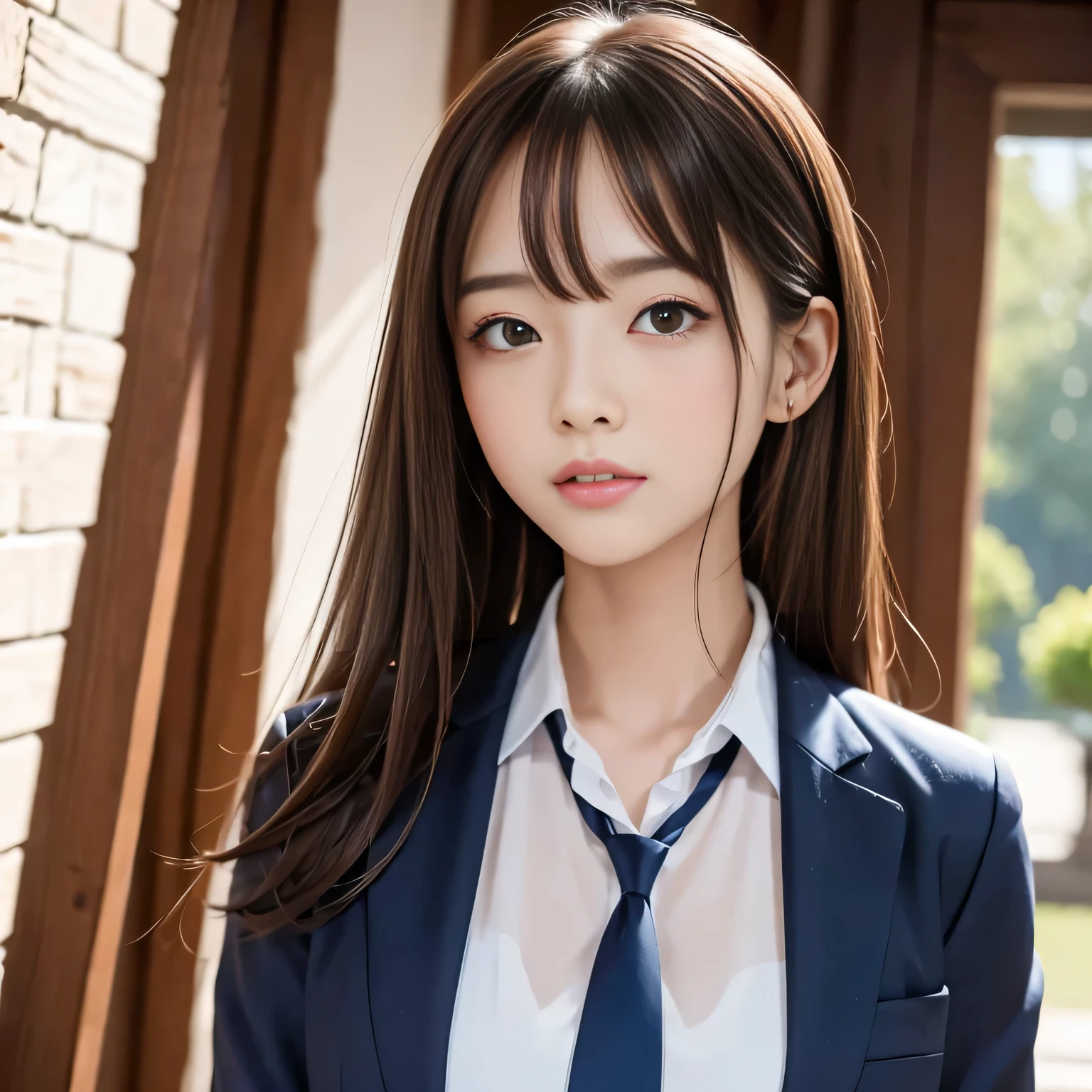 18 year old high school girl、Blazer uniform、Upper Body View、Ultra-high resolution、Powerful Images、8K Slender Woman、Super big 、Brown hair short bob