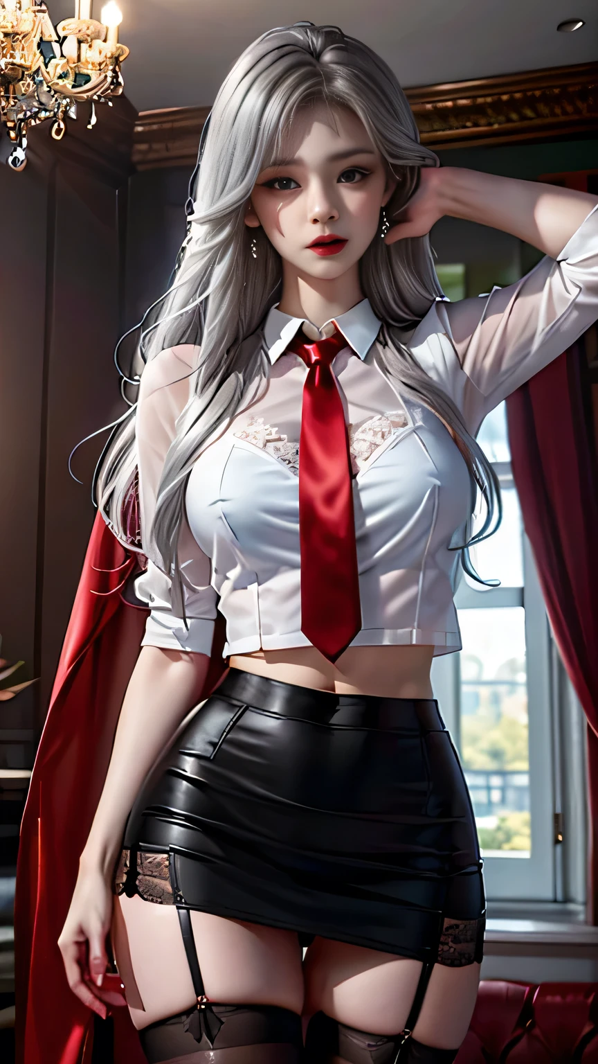Girl portrait photography, Realistic, High resolution, 1 female, alone, Upper Body, Beautiful Eyes, Close your lips, Detailed face, Gray Hair, Long Hair, Collared shirt, Red tie,Black Skirt, Pencil Skirt,, stockings,(Black lace panties are visible)