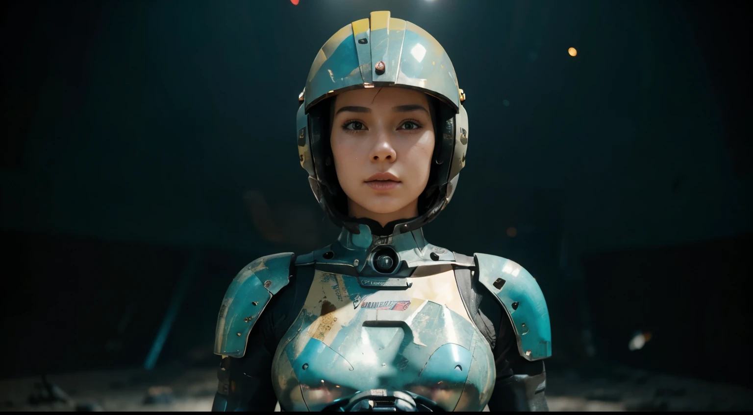 A Robot sexy Girl with helmet and the Rocketeer style, tongs in hands, Tv head, pinhead, Black and Yellow Pink Cyan Rusty, Ambient in a meteorite crater super detailed, center, beautiful, soft lighting, focused on the character, 4K resolution, photorealistic rendering.