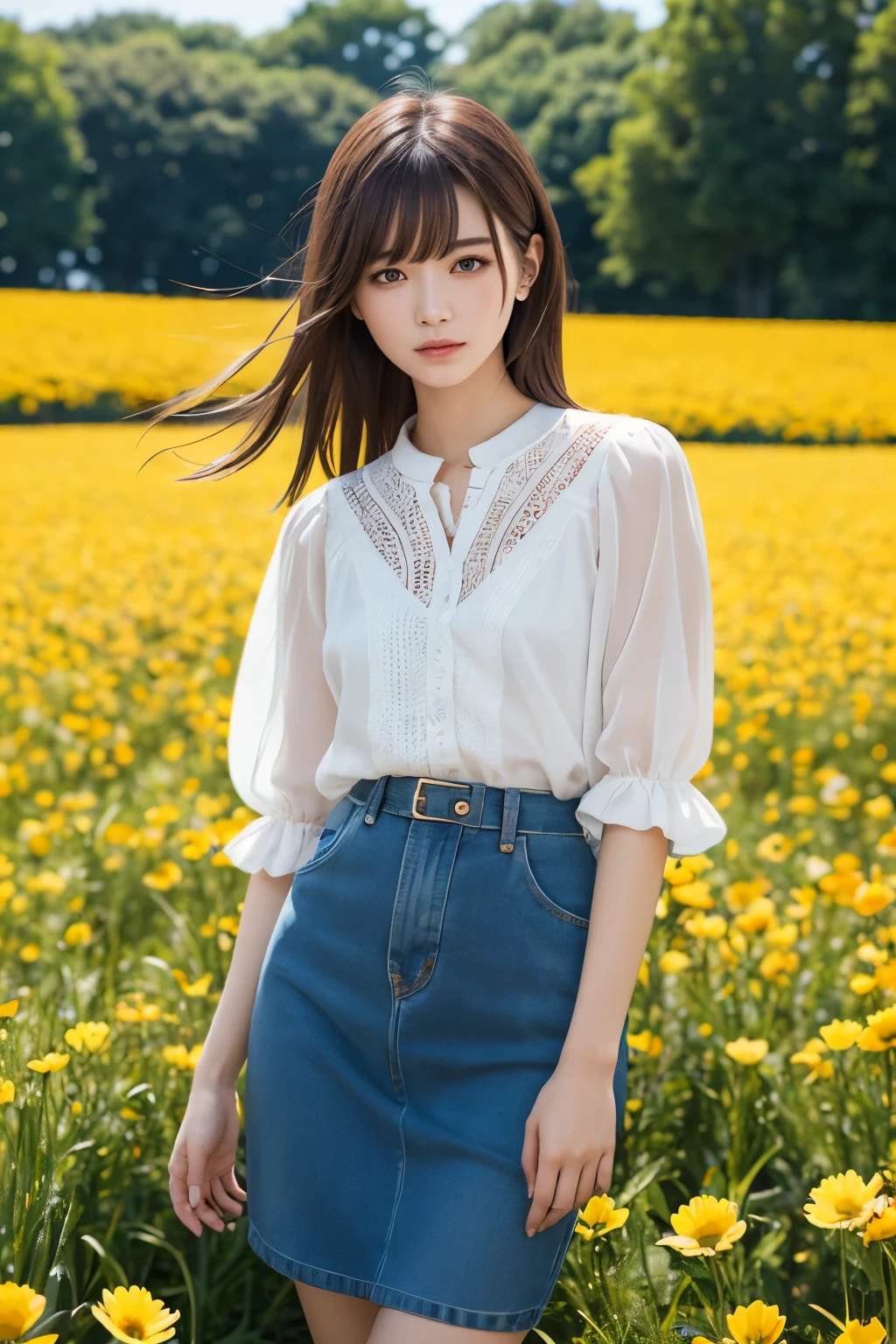 One Girl、（beautiful girl、Delicate girl：1.3）、（17 year old girl in Japan：1.3）、break、（Spring Clothes：1.3）、break、Very beautiful eyes、（Symmetrical eyes：1.3）、break、（Countless flowers、In a colorful flower field:1.3)、Perfectly shaped and anthropomorphic fingers、Small breasts、(((Shortcuts)))、Parted bangs、Brown Hair、break、(Eye and facial details:1.0)、break、(masterpiece、highest quality、Very detailed) 、Detailed face、8k）、Full body view from the knee up、