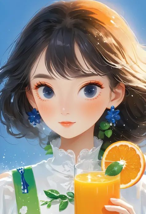 close up of a bottle of orange juice on a white background, blue orange, refreshing, daoshu, sprite, limsa, home, orange mist, o...