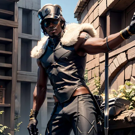 dark skinned man with a stylish fur cloth and with an eye patch pointing an simple energy crossbow while looking dead serious