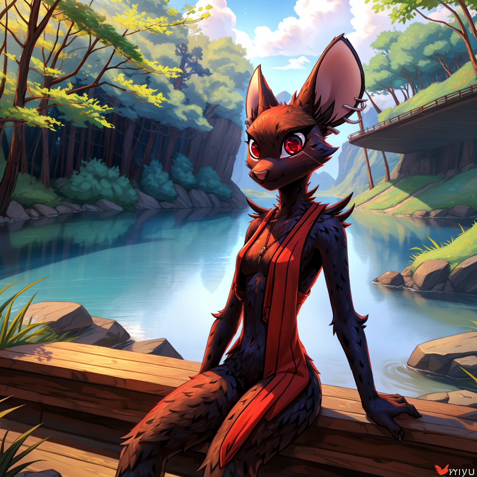 By zinfyuu on pixiv,by twistedscarlet60, uploaded on pixiv, by fluff-kevlar, (masterpiece), (best quality), (anthro furry:1.3, snout:1.2, anthro:1.3, furry:1.2, solo female:1.2), (extremely detailed:1.3), (red_detailed_eye), wearing white dress, sfw, forest, sitting, lake, nature beauty, view on viewer, camillerat