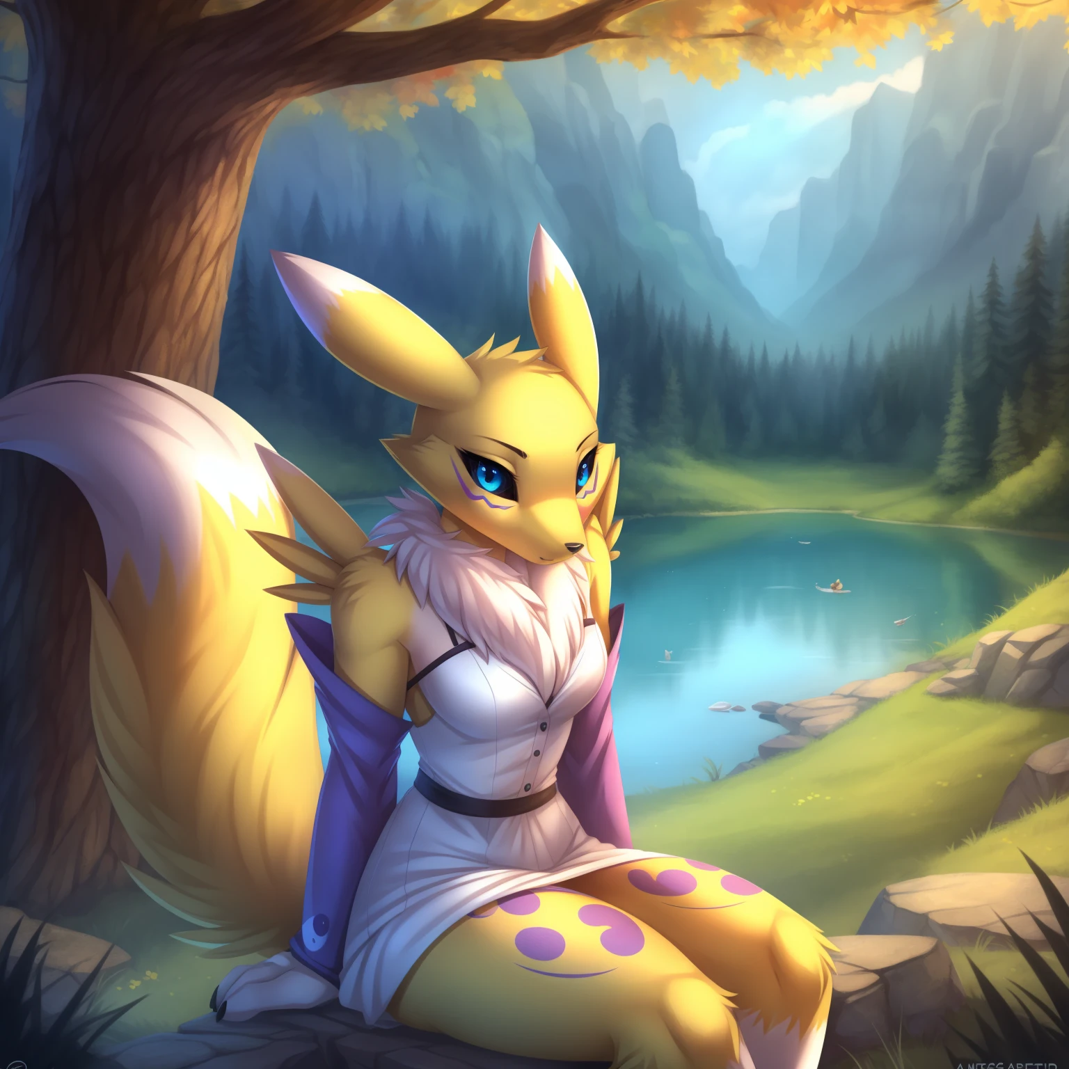 By zinfyuu on pixiv,by twistedscarlet60, uploaded on pixiv, by fluff-kevlar, (masterpiece), (best quality), (anthro furry:1.3, snout:1.2, anthro:1.3, furry:1.2, solo female:1.2), (extremely detailed:1.3), (green_detailed_eye), wearing white dress, sfw, forest, sitting, lake, nature beauty, view on viewer, renamon, very short hair, yellow hair