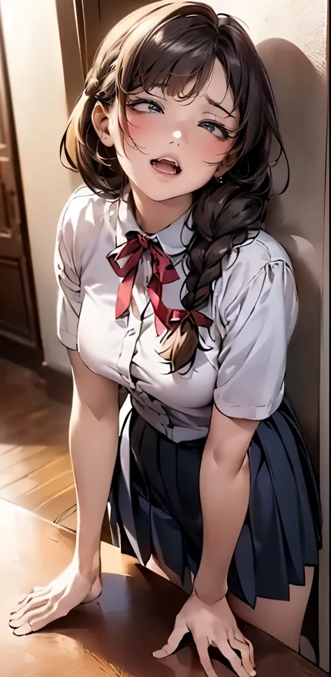(depicting a single moment from a anime for adults), ((braid, glasses, pleated skirt, ribbon, round face, eyes with realistic si...