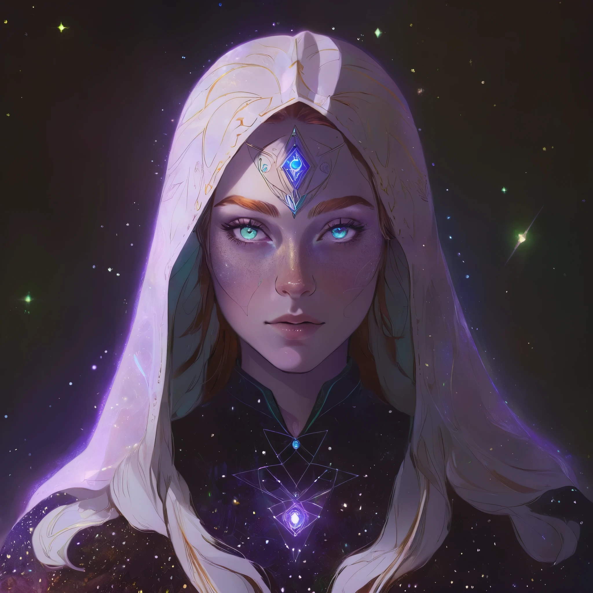 masterpiece, best quality, 1 girl, adult (elven:0.7) woman, freckles, turquoise eyes, ginger medium hair, portrait, solo, upper body, looking at viewer, detailed background, detailed face, (SilverSapphireAI theme:1.1) astral wizard, zodiac, dynamic pose, occult, aries, geometric symbolism, celestial power, bright light green lights, glow, aura, shine, metaphysics, reincarnation, floating particles, backlighting, cosmic space background, otherworldly ethereal atmosphere,