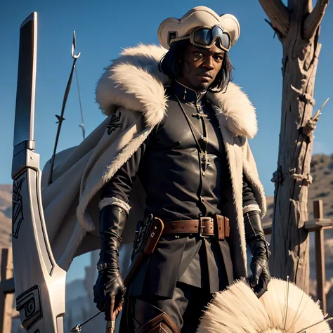 medieval dark skinned man with a stylish fur jacket and with an eye patch pointing an simple crossbow with an magic bolt resting...