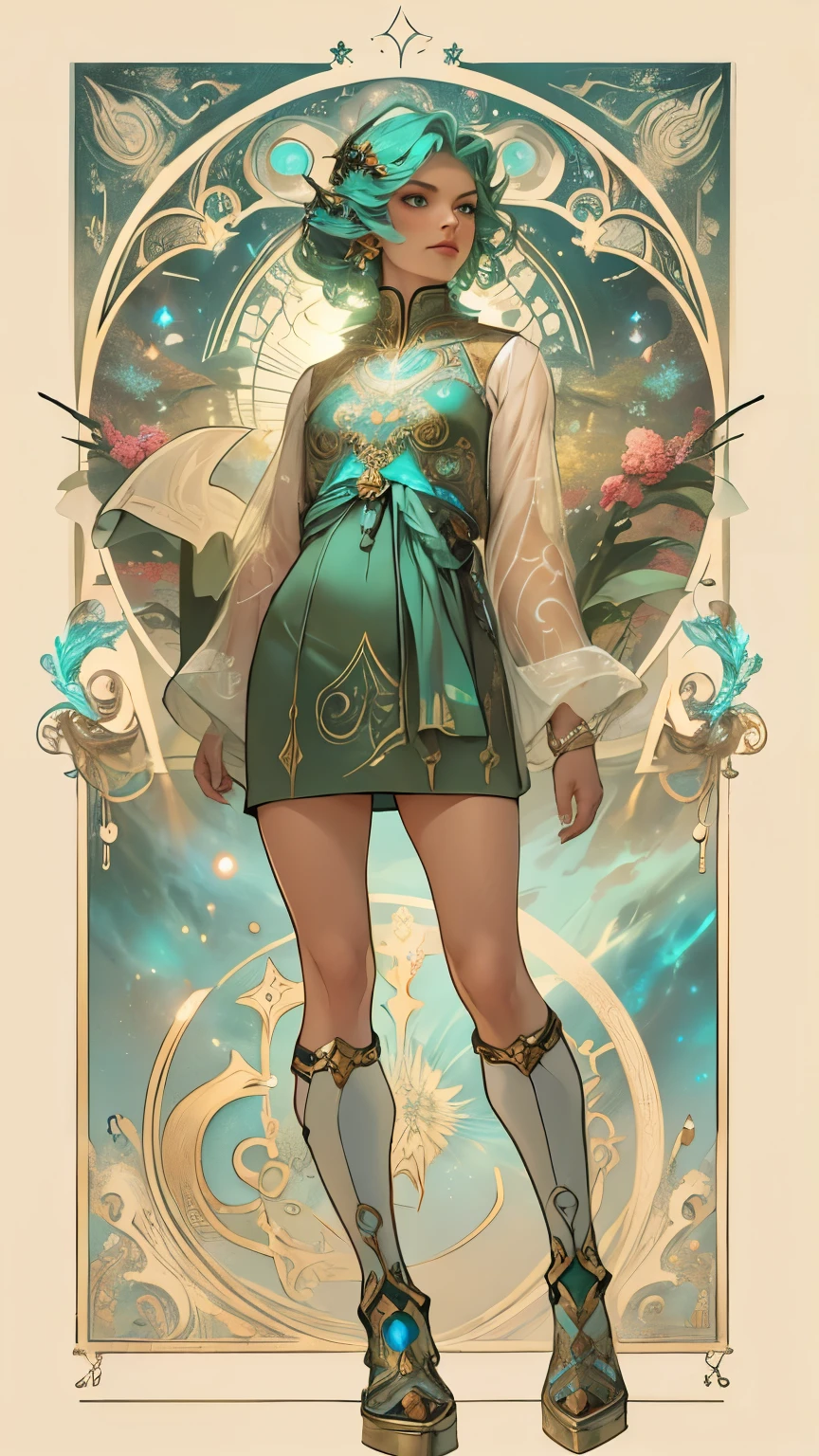 masterpiece, best quality, 1 girl, adult (elven:0.7) woman, freckles, turquoise eyes, ginger medium hair, portrait, solo, upper body, looking at viewer, detailed background, detailed face, (SilverSapphireAI theme:1.1) astral wizard, zodiac, dynamic pose, occult, aries, geometric symbolism, celestial power, bright light green lights, glow, aura, shine, metaphysics, reincarnation, floating particles, backlighting, cosmic space background, otherworldly ethereal atmosphere,